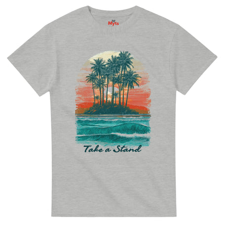 Gray t-shirt with a tropical island graphic and 'Take a Stand' text on a white background