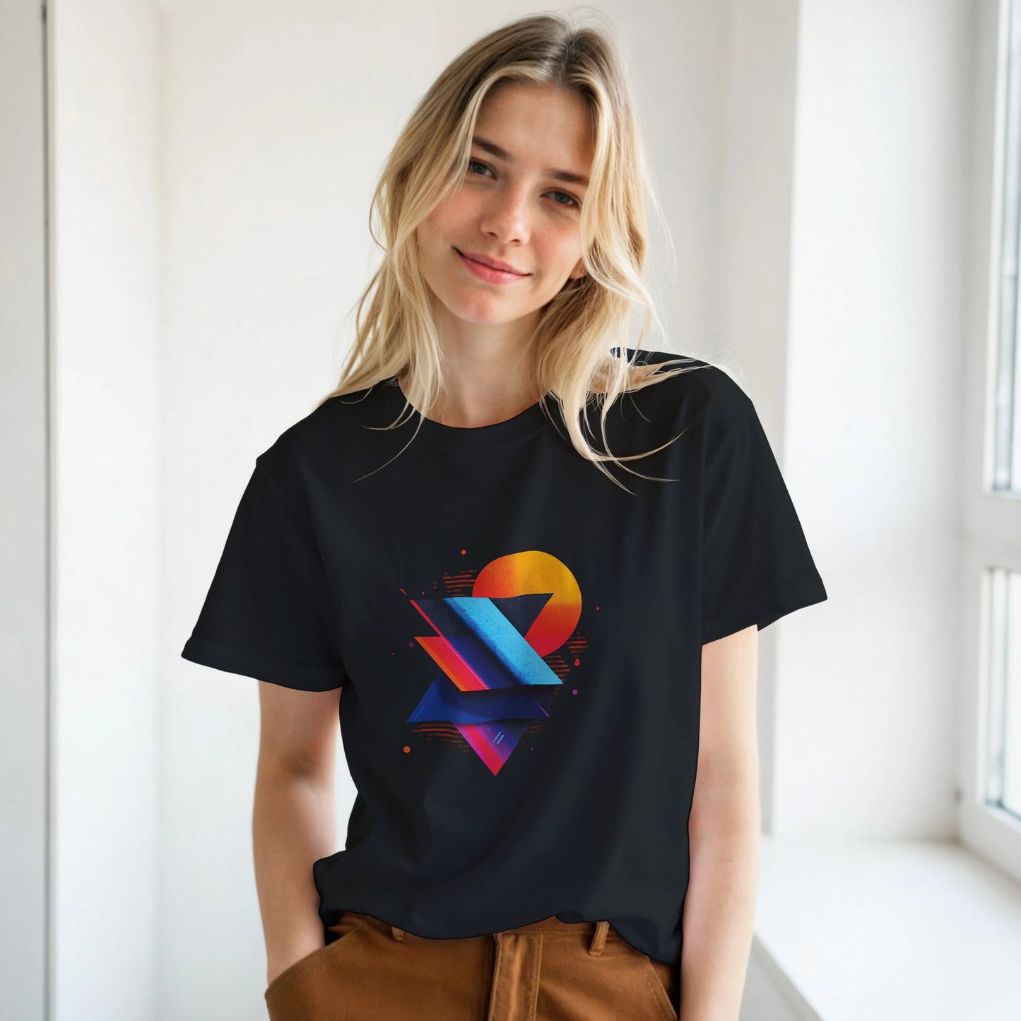 Woman wearing a black t-shirt with a colorful geometric design in a bright room.