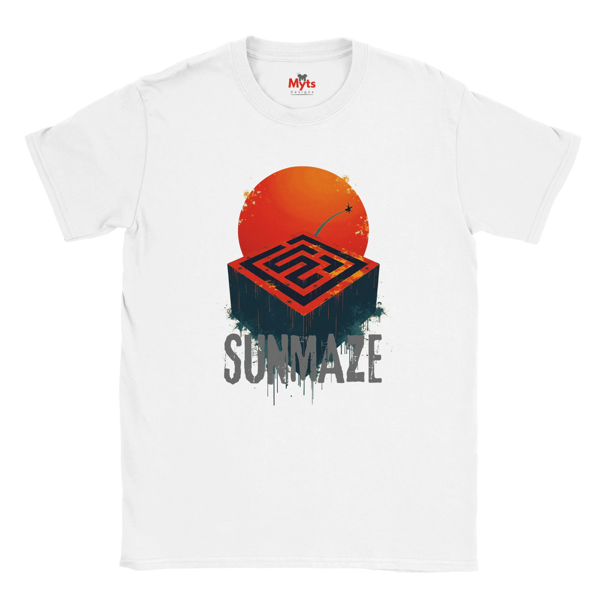 White t-shirt with a red and black design featuring 'Summaze' on a white background