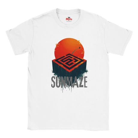 White t-shirt with a red and black design featuring 'Summaze' on a white background