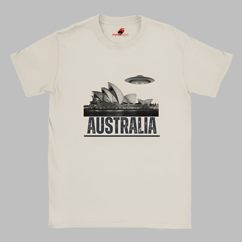 Front view of a soft casual tee showing the Sydney Opera House sails with a sleek spaceship graphic orbiting overhead, printed on ultra-soft Gildan 64000 cotton.