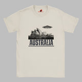 Front view of a soft casual tee showing the Sydney Opera House sails with a sleek spaceship graphic orbiting overhead, printed on ultra-soft Gildan 64000 cotton.