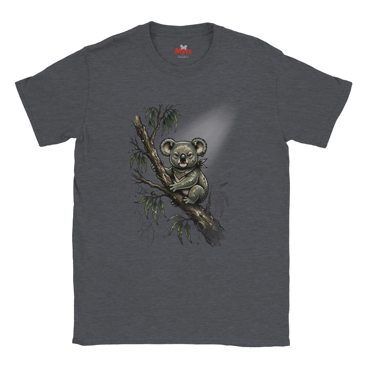 A dark heather gray t-shirt featuring a detailed graphic print of a koala sitting on a eucalyptus branch, shown against a plain white background.