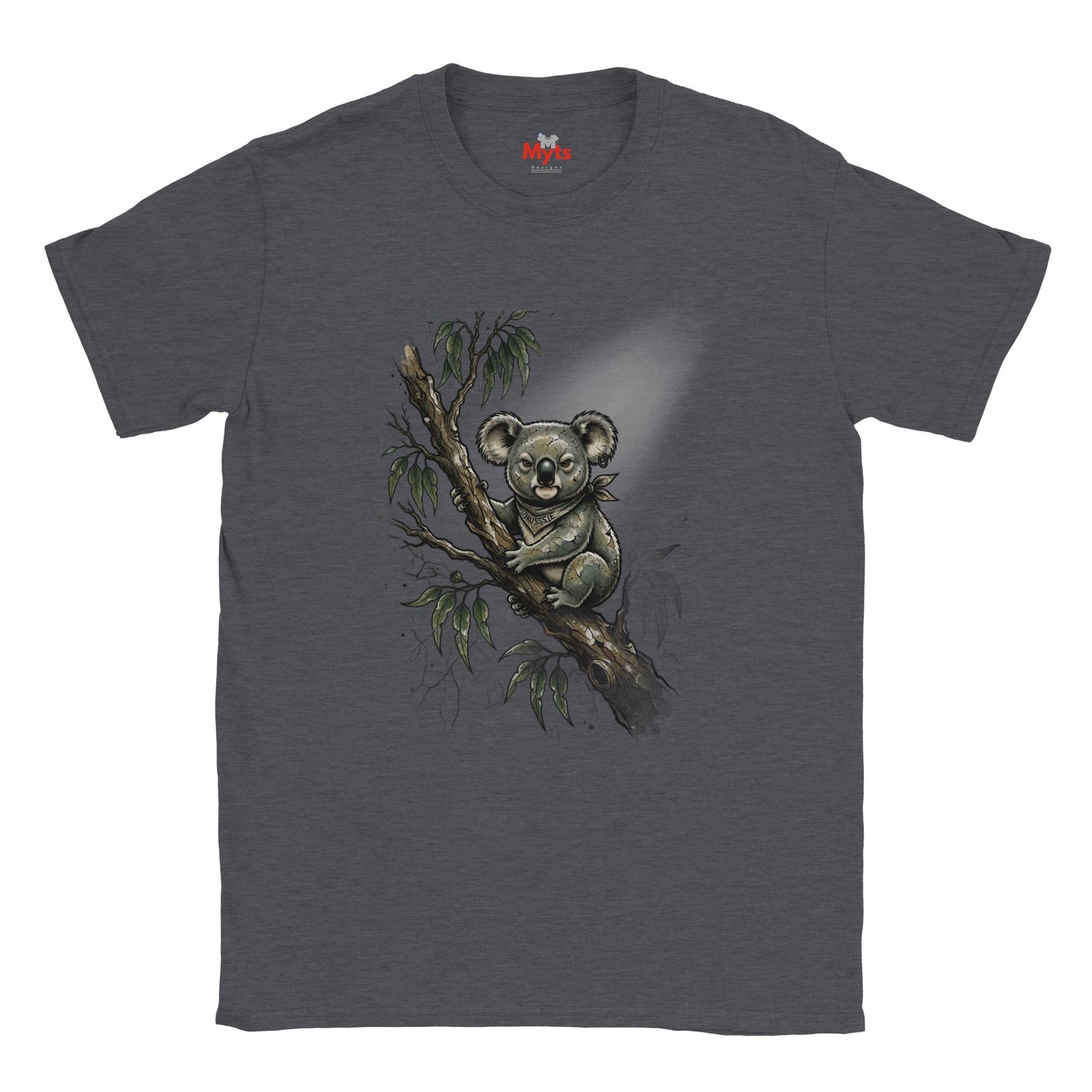 A dark heather gray t-shirt featuring a detailed graphic print of a koala sitting on a eucalyptus branch, shown against a plain white background.