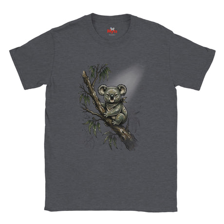 A dark heather gray t-shirt featuring a detailed graphic print of a koala sitting on a eucalyptus branch, shown against a plain white background.