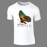 A white crew neck t-shirt with a colorful butterfly design and the text 'It's That Simple' printed on the front.