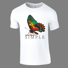 A white crew neck t-shirt with a colorful butterfly design and the text 'It's That Simple' printed on the front.