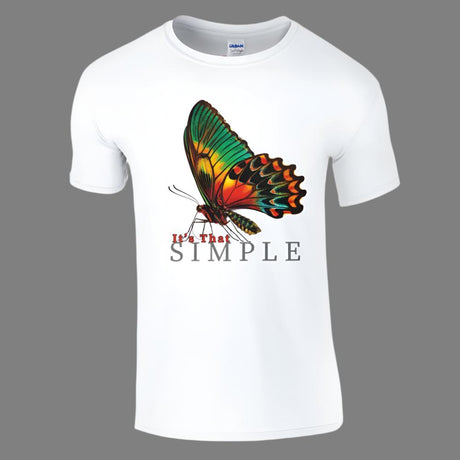 A white crew neck t-shirt with a colorful butterfly design and the text 'It's That Simple' printed on the front.