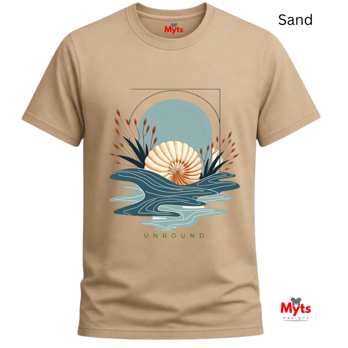 A Sand unisex coastal graphic tee with minimalist seashell, abstract blue ocean waves, and UNBOUND lettering.