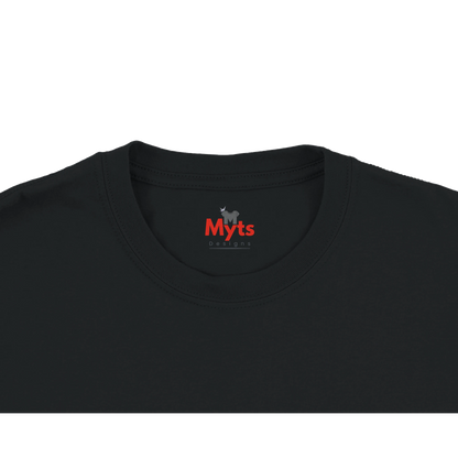 Black t-shirt with a visible brand logo on a white background