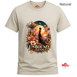 Natural cream T-shirt with colourful Unbound Dreams fantasy floral artwork and a woman in a flowing dress.