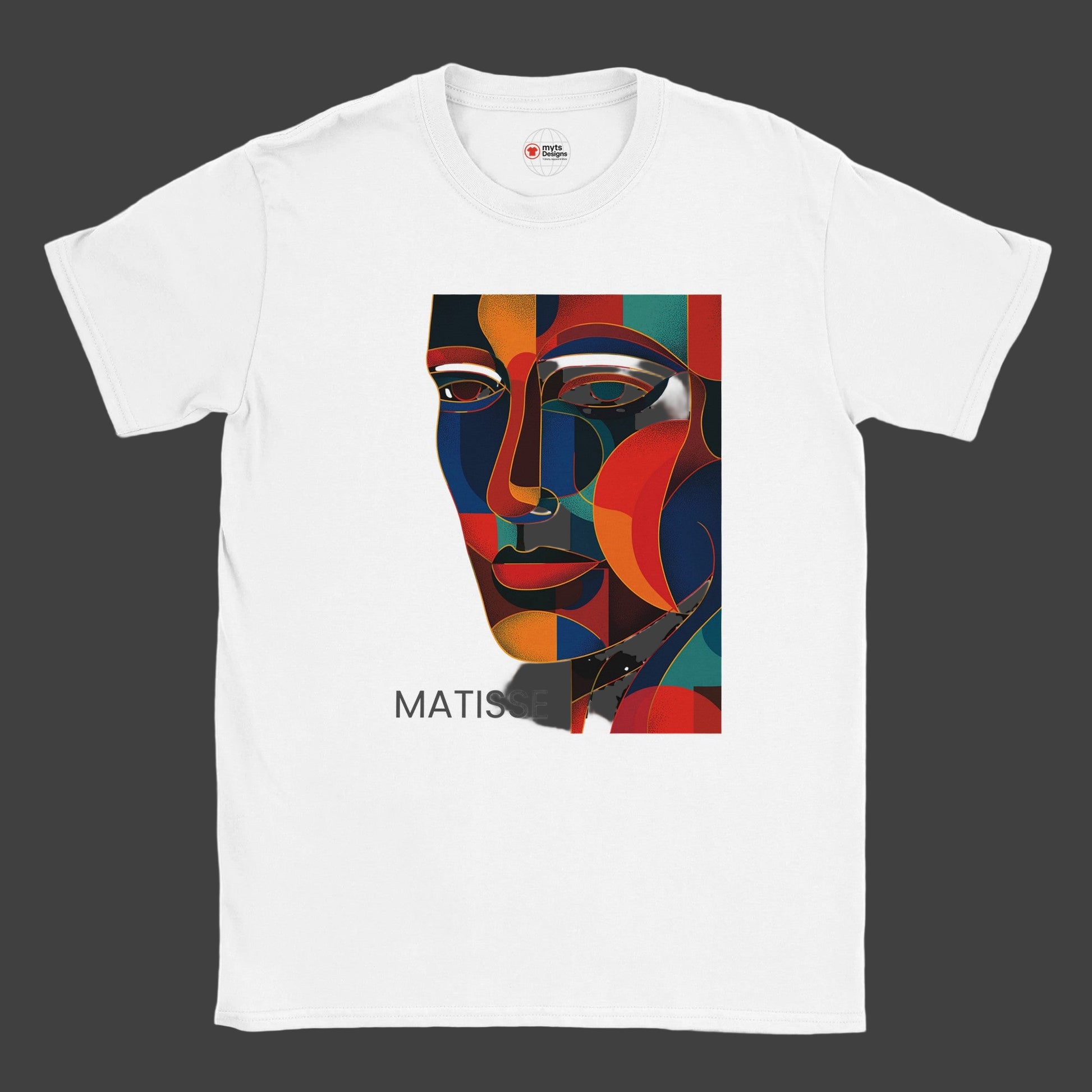 White t-shirt with a colorful abstract face design and 'Matisse' text on a grey background
