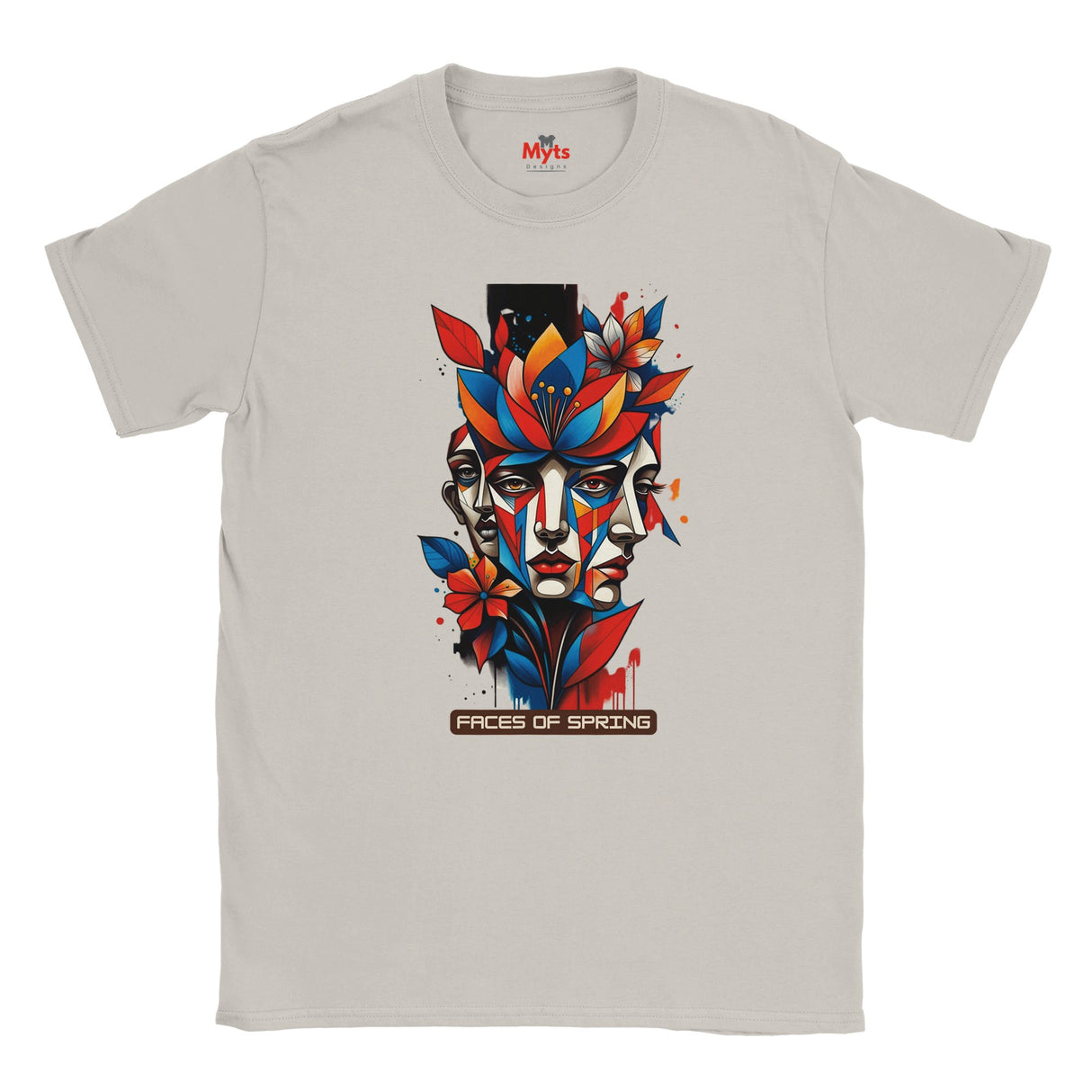 Ice Grey Faces of Spring T-shirt featuring colourful abstract geometric faces surrounded by red, blue and yellow flowers, leaves, and expressive paint details.