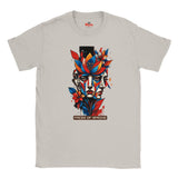 Ice Grey Faces of Spring T-shirt featuring colourful abstract geometric faces surrounded by red, blue and yellow flowers, leaves, and expressive paint details.