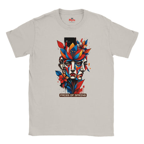 Ice Grey Faces of Spring T-shirt featuring colourful abstract geometric faces surrounded by red, blue and yellow flowers, leaves, and expressive paint details.