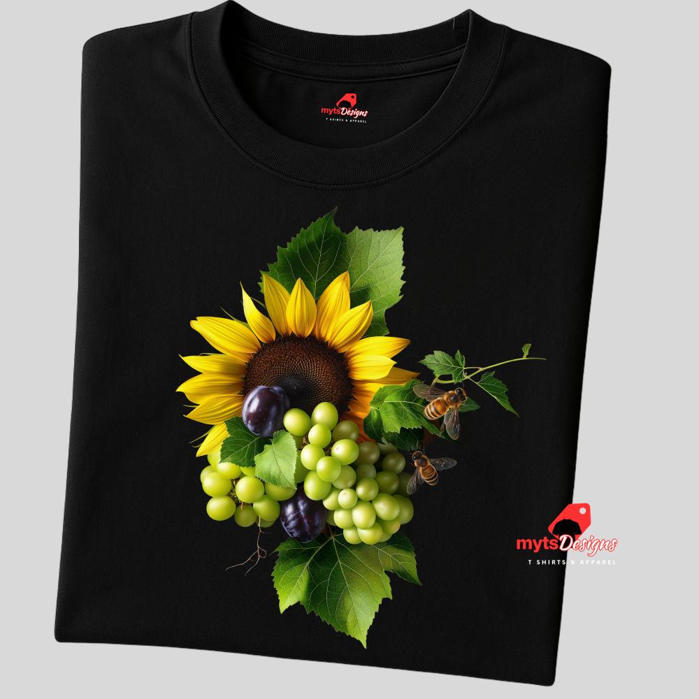 Black t-shirt with a sunflower, grapes, and leaves design on a gray background