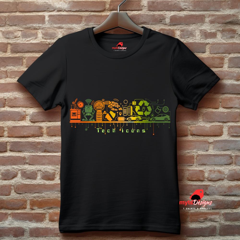 Black t-shirt with colorful graphic design on a brick wall background