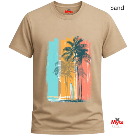 Sand t-shirt with palm tree and surfboard design on a white background