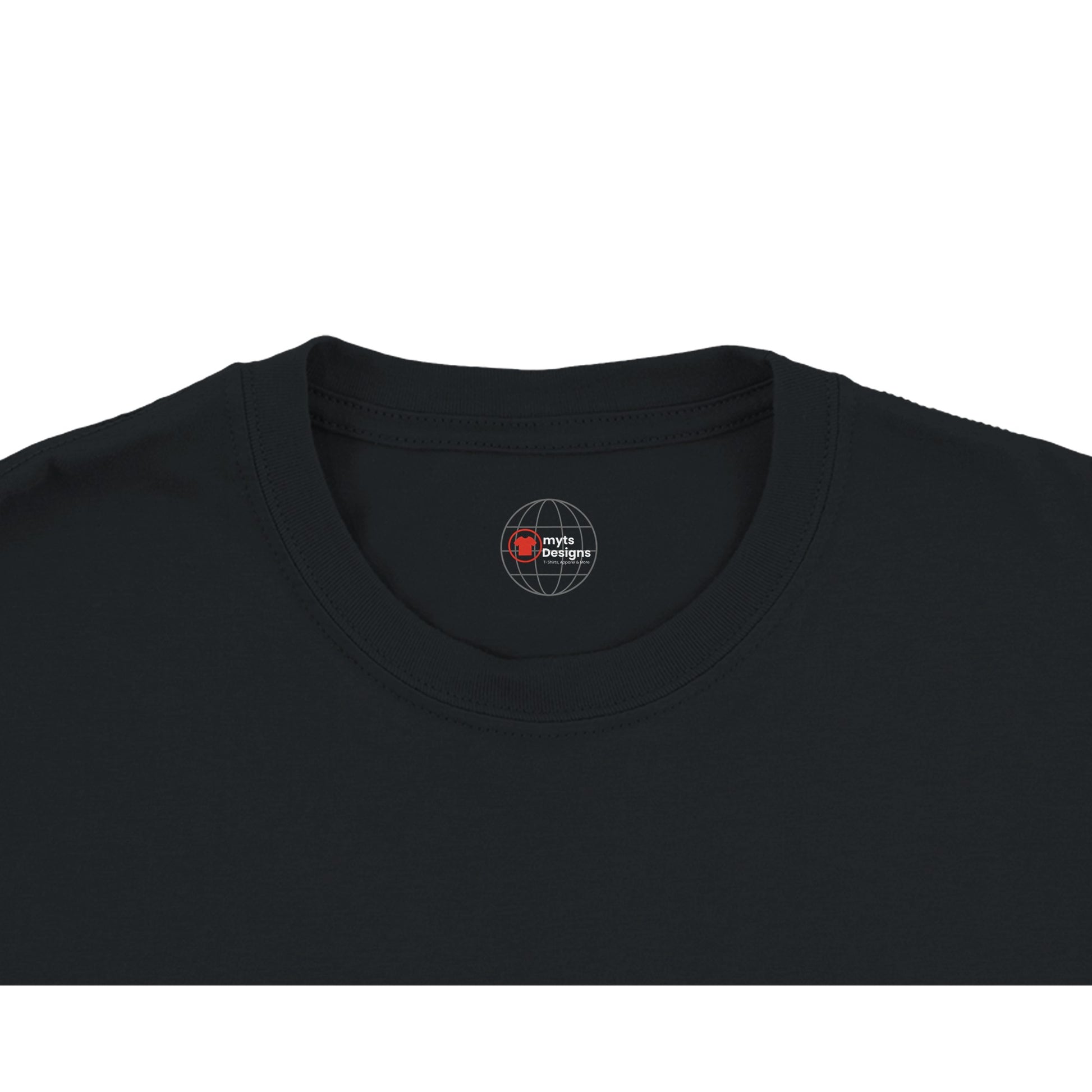 Black t-shirt with a logo on the chest area against a white background
