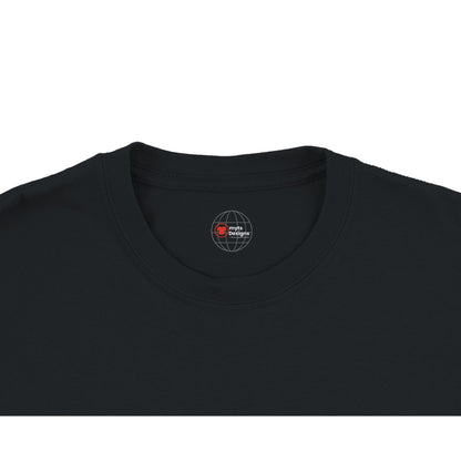Black t-shirt with a logo on the chest area against a white background