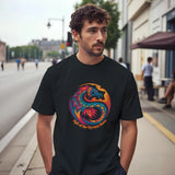 Front view of a men’s black T‑shirt featuring a bold dragon symbol graphic centered on soft cotton tee