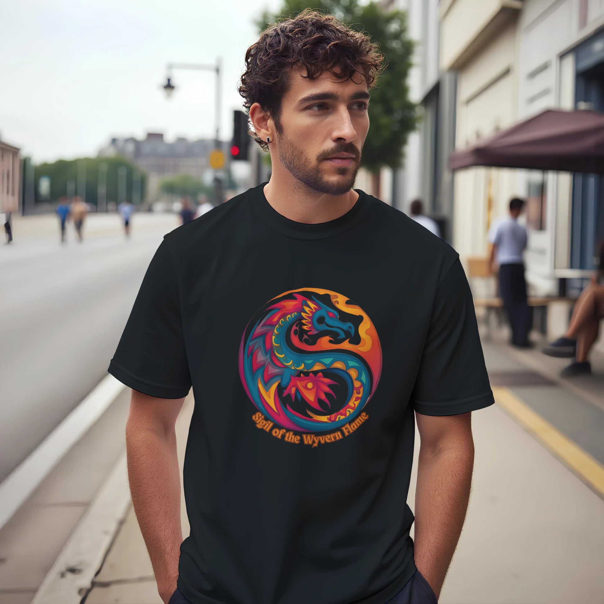 Front view of a men’s black T‑shirt featuring a bold dragon symbol graphic centered on soft cotton tee