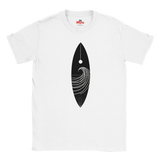 White t-shirt with a black floral design on a white background