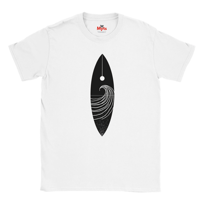 White t-shirt with a black floral design on a white background
