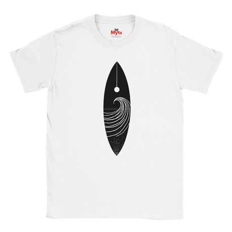 White t-shirt with a black floral design on a white background