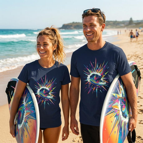 Two people walking on a beach holding surfboards with colorful designs, wearing matching navy t-shirts.