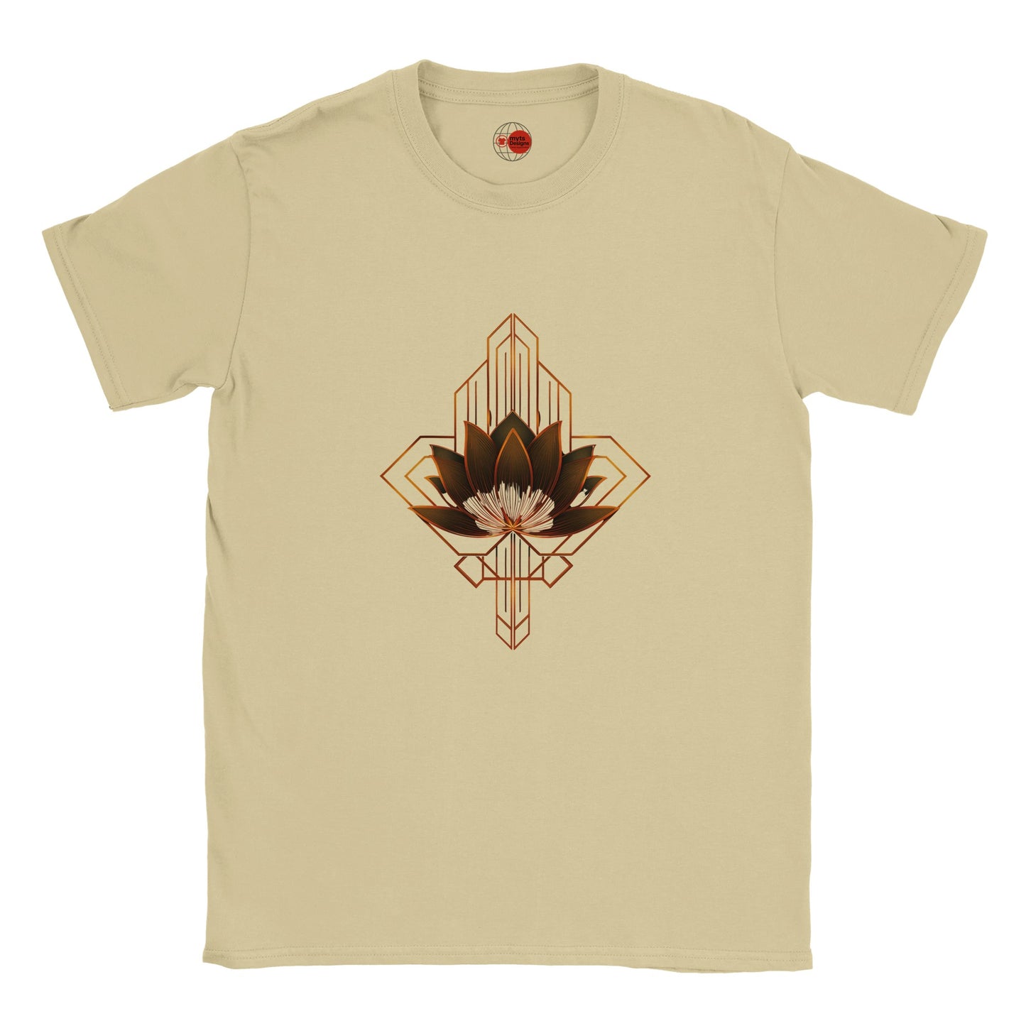Natural t-shirt with a geometric lotus design on a white background