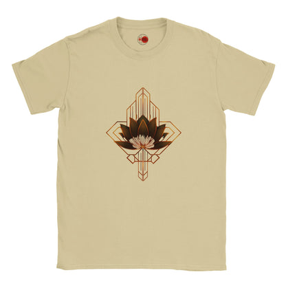 Natural t-shirt with a geometric lotus design on a white background