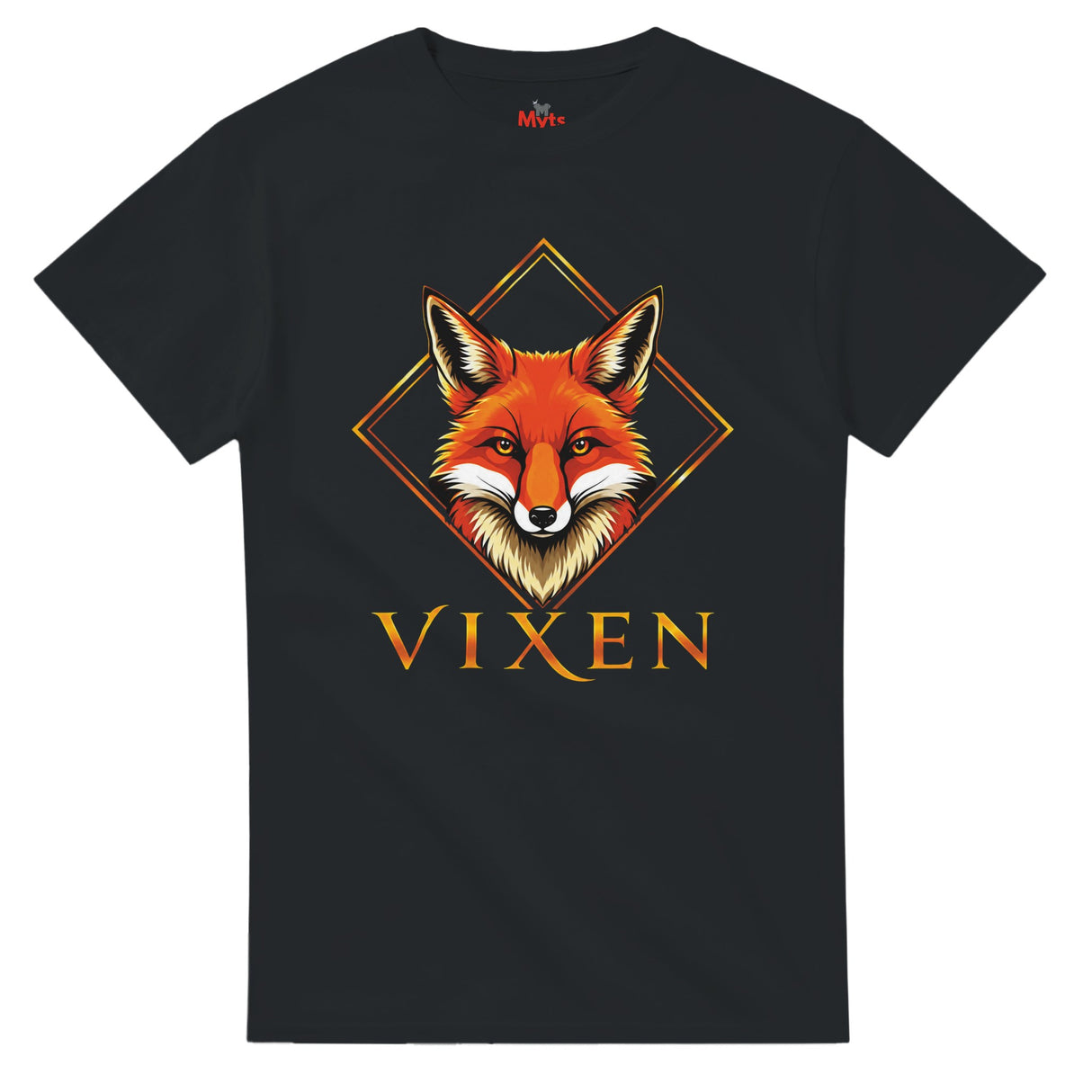 Black T-shirt with a colorful Fox graphic on a white background