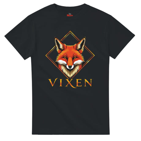 Black T-shirt with a colorful Fox graphic on a white background