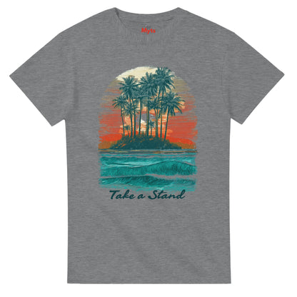 Gray t-shirt with a tropical island graphic and 'Take a Stand' text on a white background