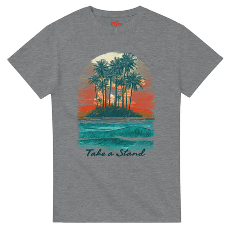 Gray t-shirt with a tropical island graphic and 'Take a Stand' text on a white background