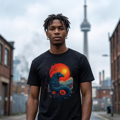 Person wearing a black t-shirt with a dragon design in an urban setting