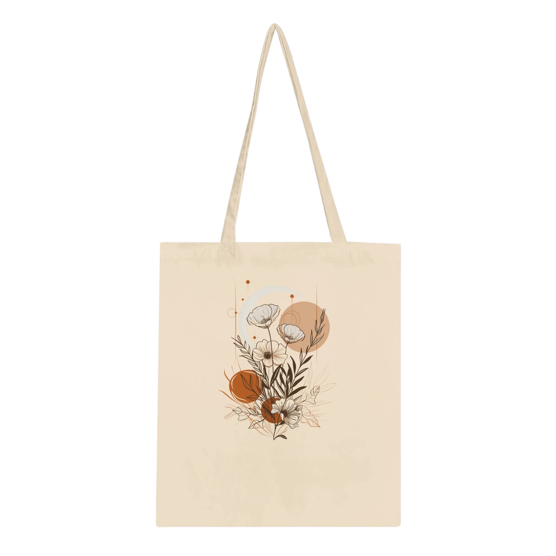 Beige tote bag with floral design on a white background