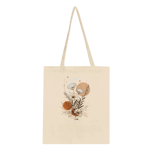 Beige tote bag with floral design on a white background