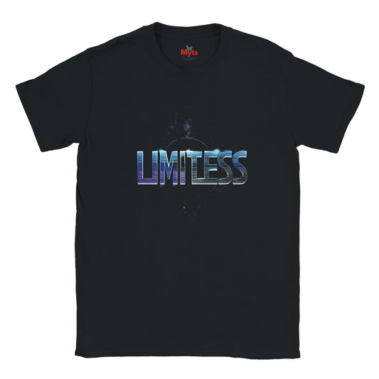 Black t-shirt with 'Limitless' text on a white background