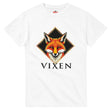 White t-shirt with a fox graphic and 'Vixen' text on a white background