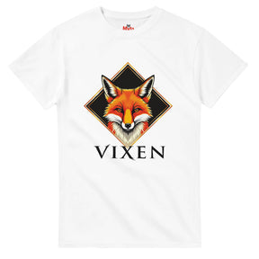 White t-shirt with a fox graphic and 'Vixen' text on a white background