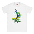 White t-shirt with a graphic of a golfer and 'The Drive' text on a white background