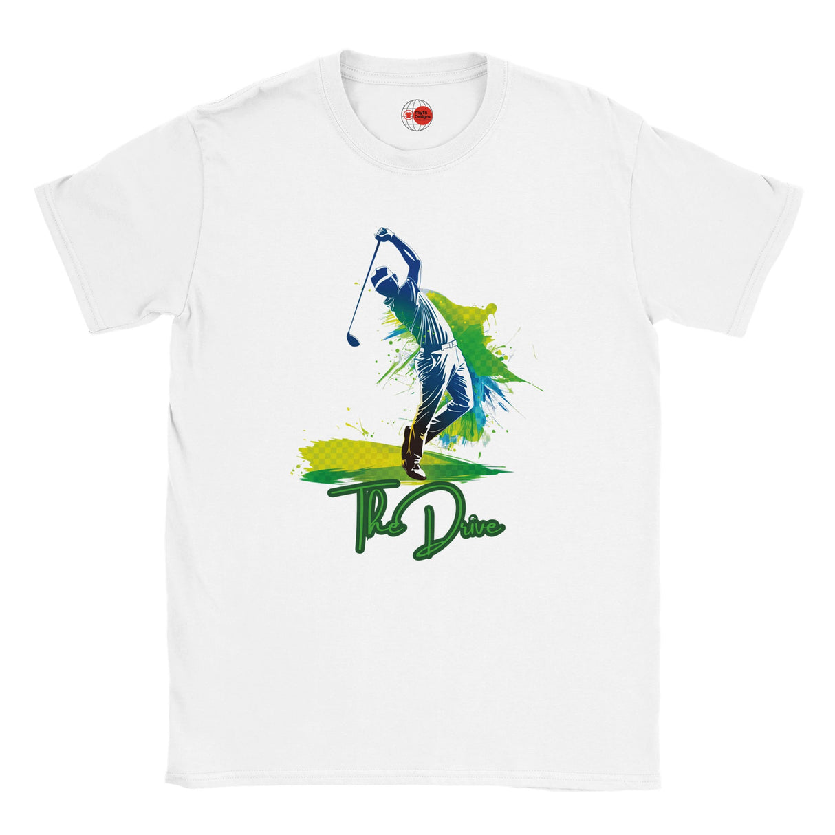 White t-shirt with a graphic of a golfer and 'The Drive' text on a white background