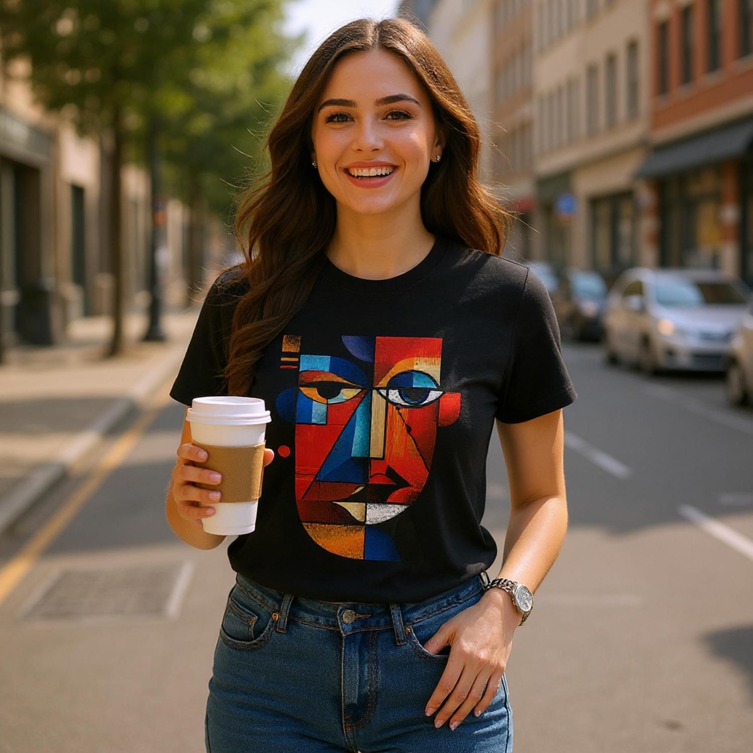 Woman wearing a black t-shirt with a colorful face design, holding a coffee cup on a city street.