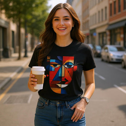 Woman wearing a black t-shirt with a colorful face design, holding a coffee cup on a city street.