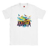 White t-shirt with colorful 'Australia' design on a white background
