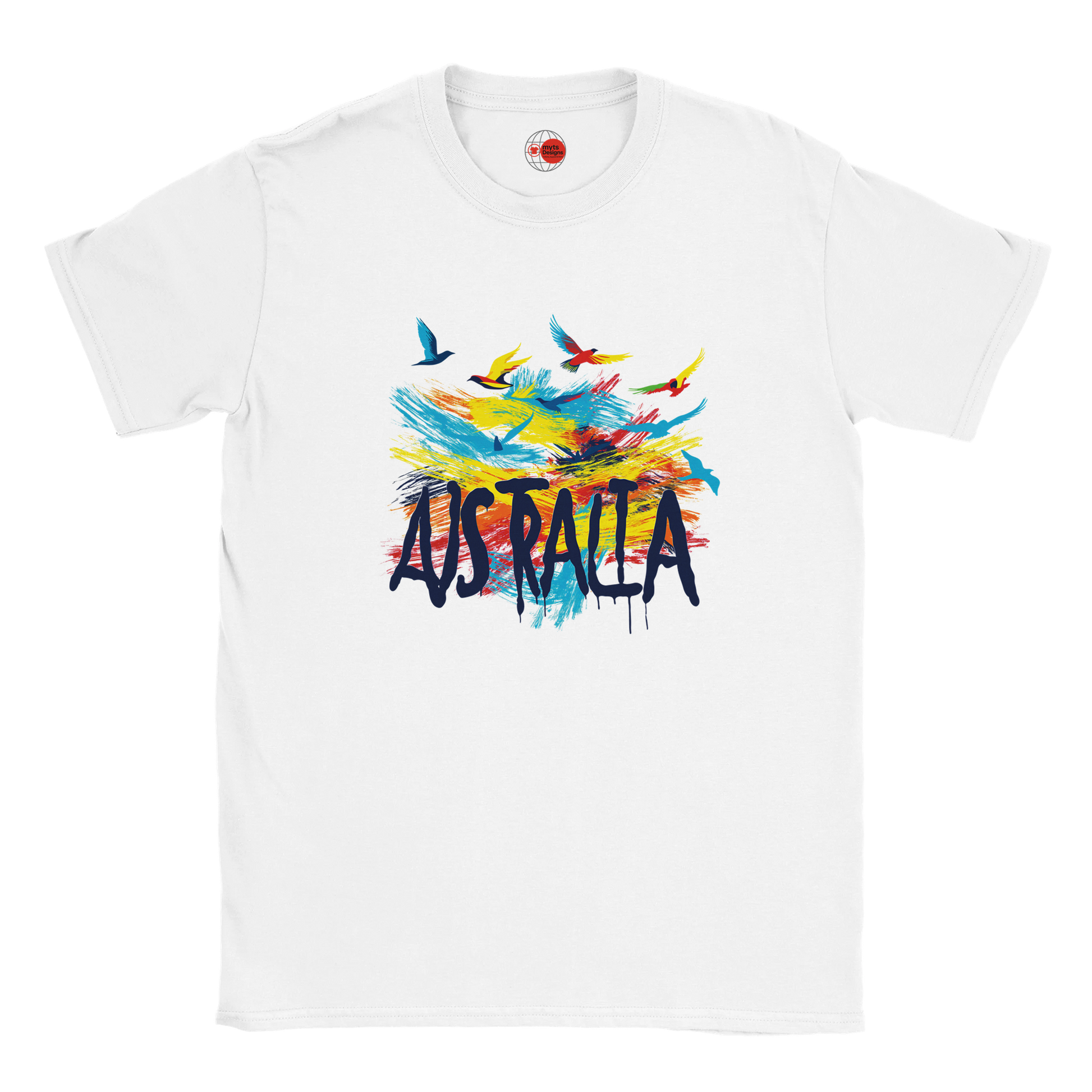 White t-shirt with colorful 'Australia' design on a white background