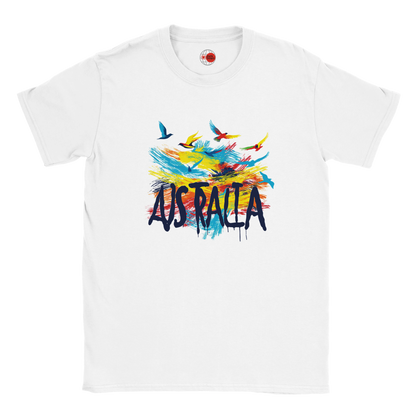 White t-shirt with colorful 'Australia' design on a white background