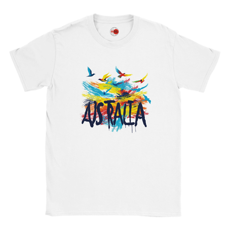 White t-shirt with colorful 'Australia' design on a white background